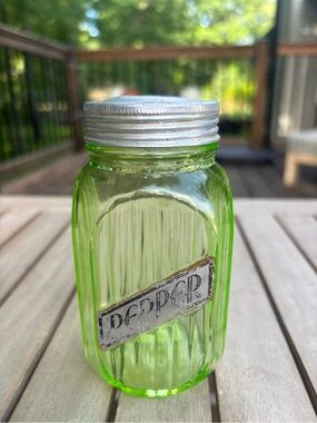 Vintage Green Glass Pepper Shaker with Metal Lid